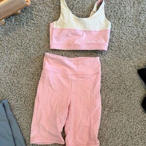 Pink and Cream Textured Crop Top and Shorts Set